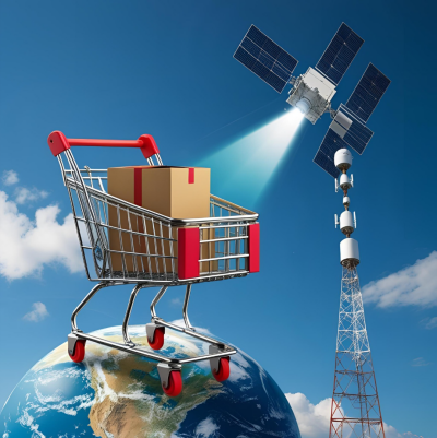 carrito de compra encima de mundo con satelite y antena.