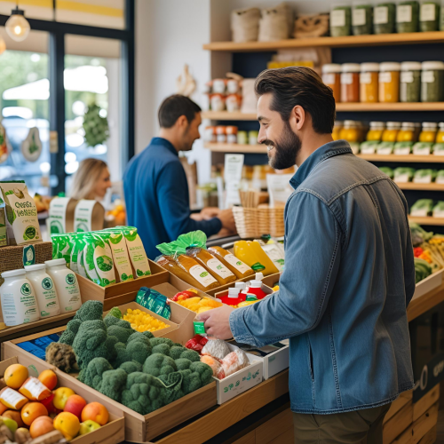 hombre en mostrador de verduras y bebidas organicas